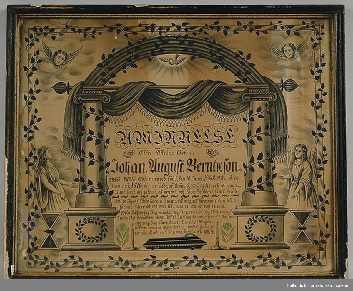 Begravningstavla i glas och ram.Föreställer Johan August Berntsson, död 1876.
