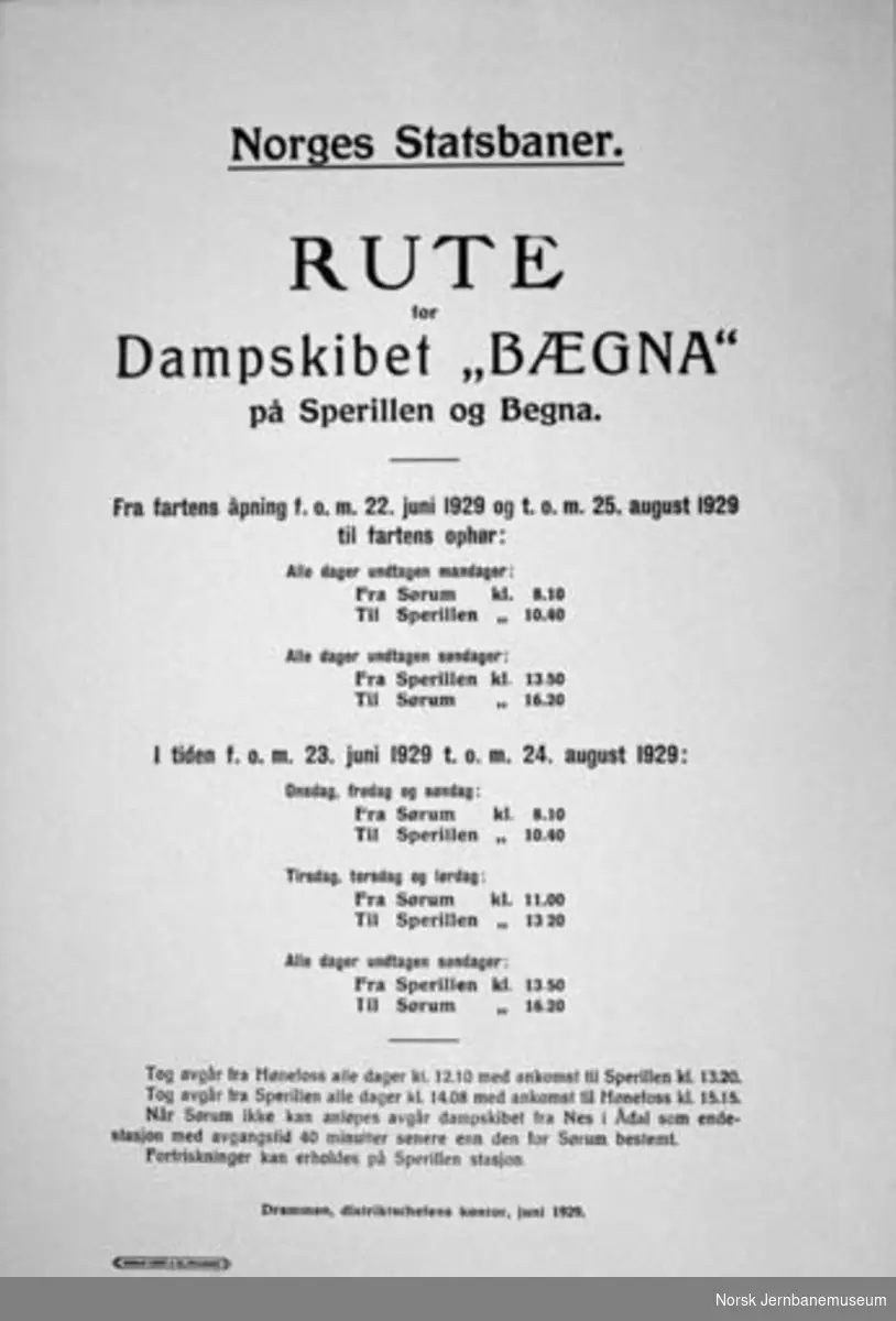 Ruteoppslag fra dampskipet Bægna sommeren 1929