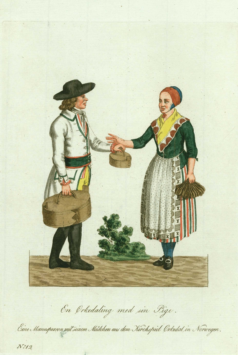 Mann og kvinne (jente) i folkedrakter fra Orkdal,  Sør-Trøndelag, han med sveipede tiner i hendene, hun med et knytte i hånden.