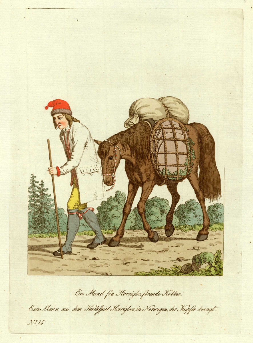 Mann i folkedrakt fra Horg (sjekk!), Melhus, Sør-Trøndelag, med vandrestav foran hest som frakter kobber med sidekurv og sekk på ryggen.