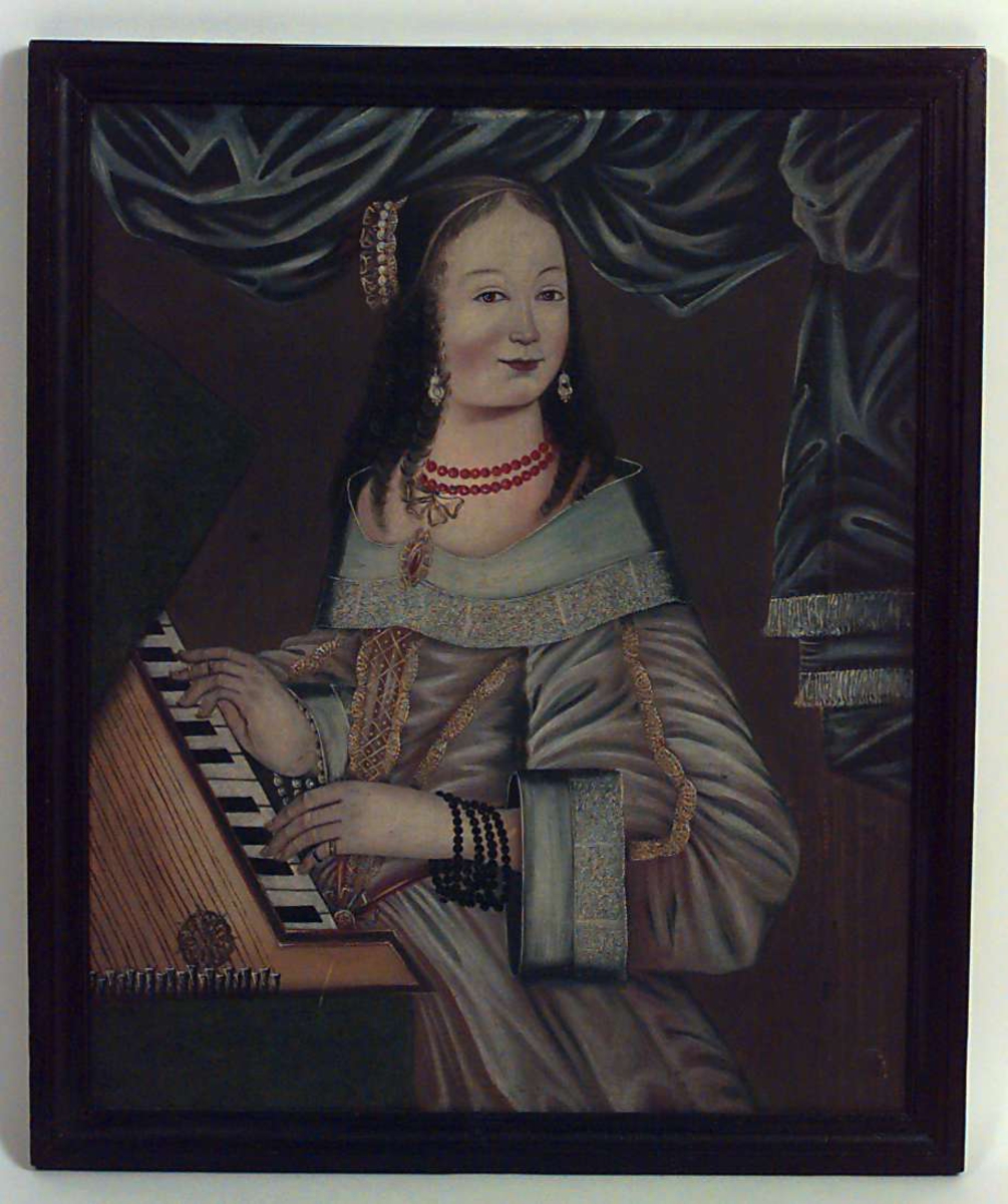 Kvinne i påkostede klær spiller på musikkinstrumentet virginal. Allegori over hørsel.