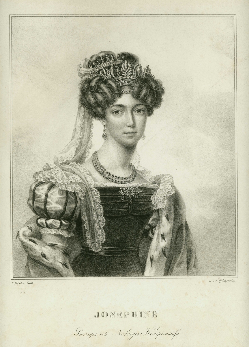 Brystportrett av kronprinsesse Josephine, med smykker, tiara og hermelinkantet kappe.