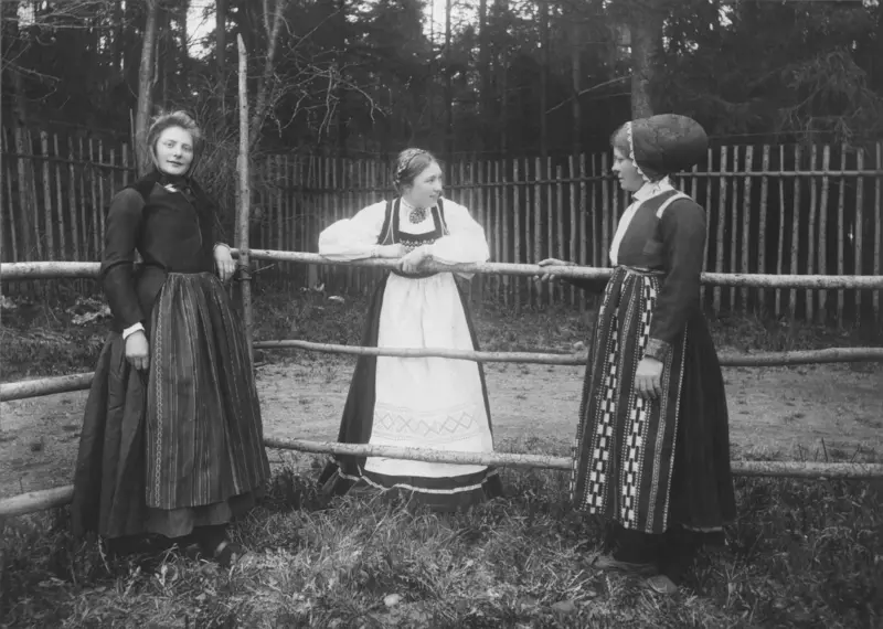 Kvinner i drakter ved tilstelning på Norsk Folkemuseum . 1903

Bilete er trykt i katalogen for den fyrste særutstillinga ved museet, "Nationaldragter". Til venstre står Ragnhild Prestgard i ei drakt frå Sunnmøre, i midten drakt for ugift kvinne frå Voss, og til høgre ei drakt frå Sunnfjord.