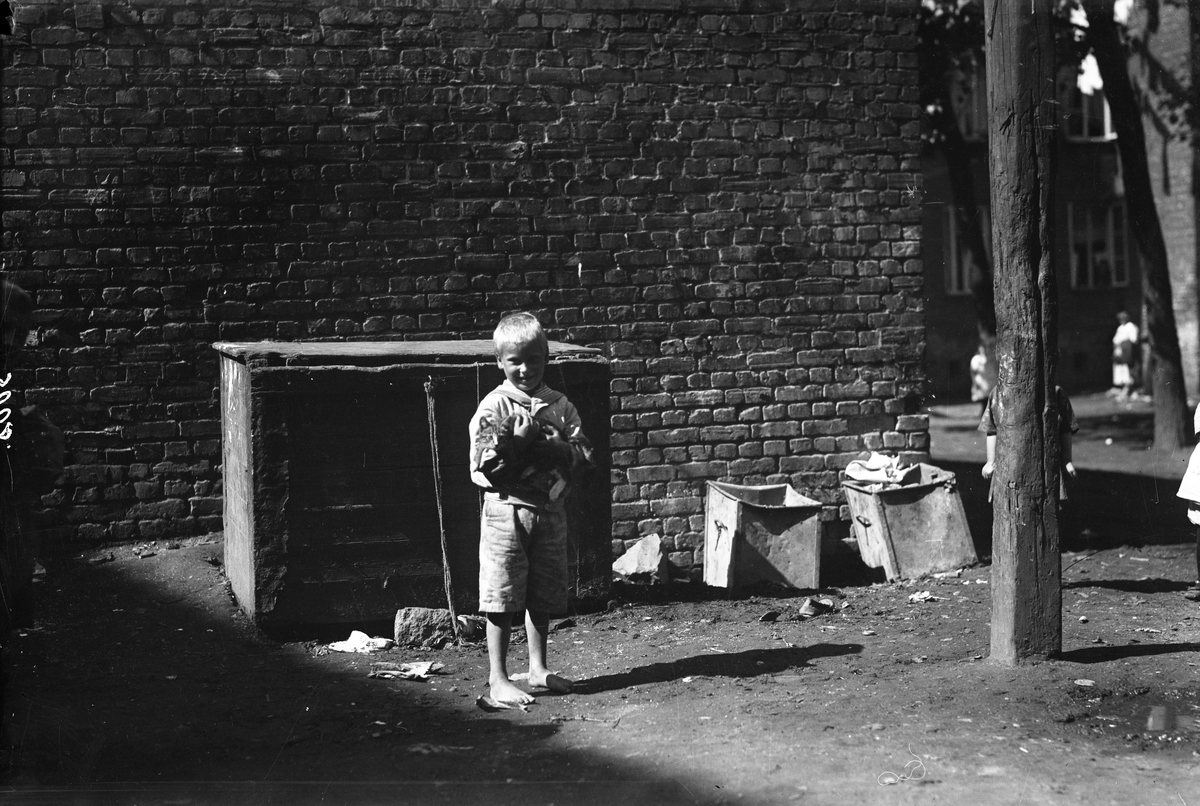 Barn i Gråbeingård, Oslo, 1925. Gutt ved søppelkasser med katt i armene.