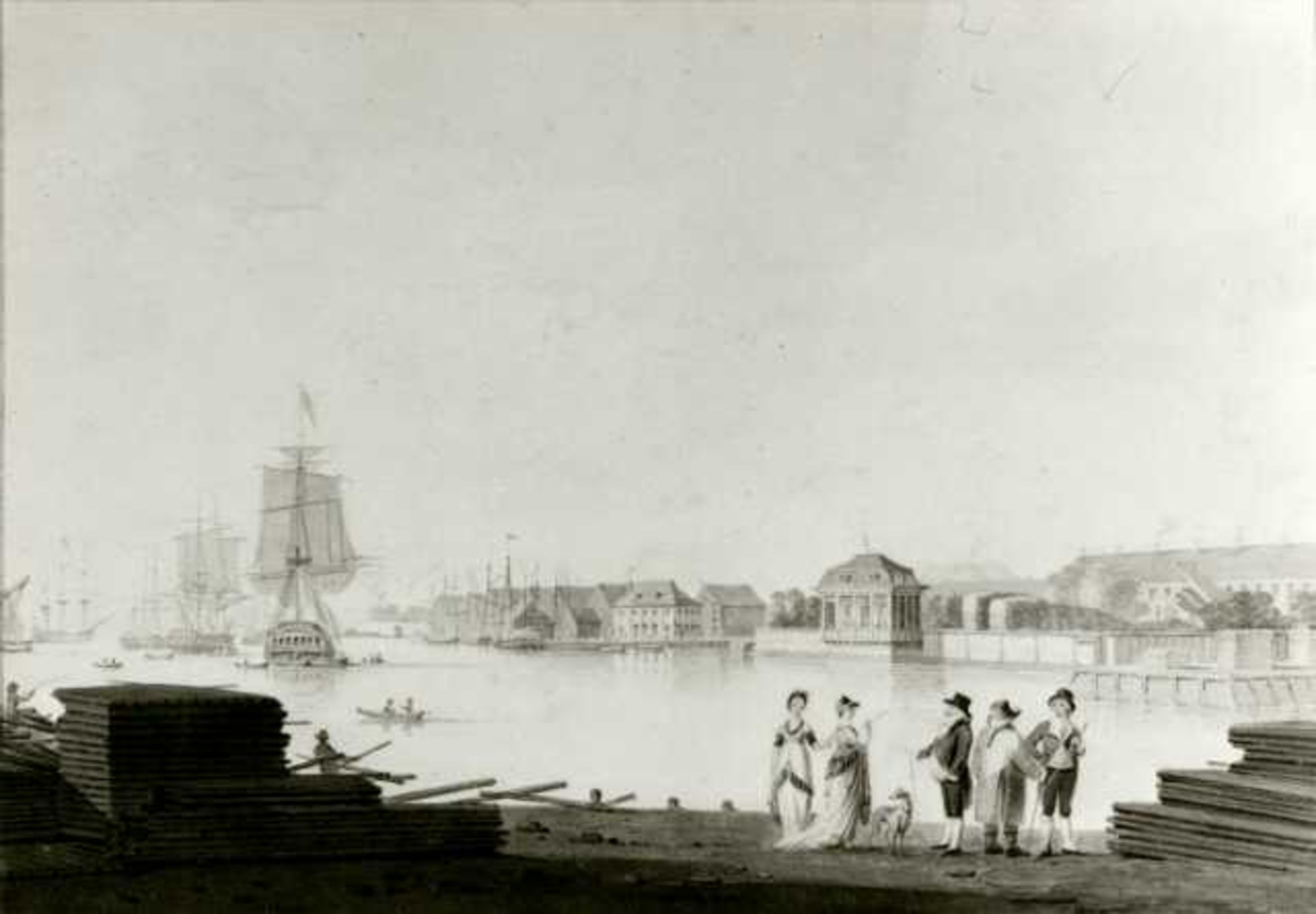 Oslo. Akvarell av John William Edy. Cristiania havn med Paleet, sett fra bordtomtene. Str. 30x43,3cm.