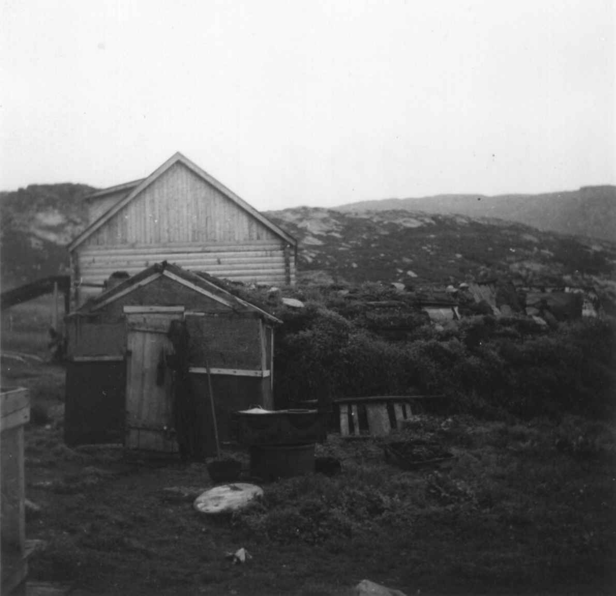 Provisorisk fjøsgamme bygd etter krigen, i bakgrunnen en bolig. Mårøyfjord 1949.