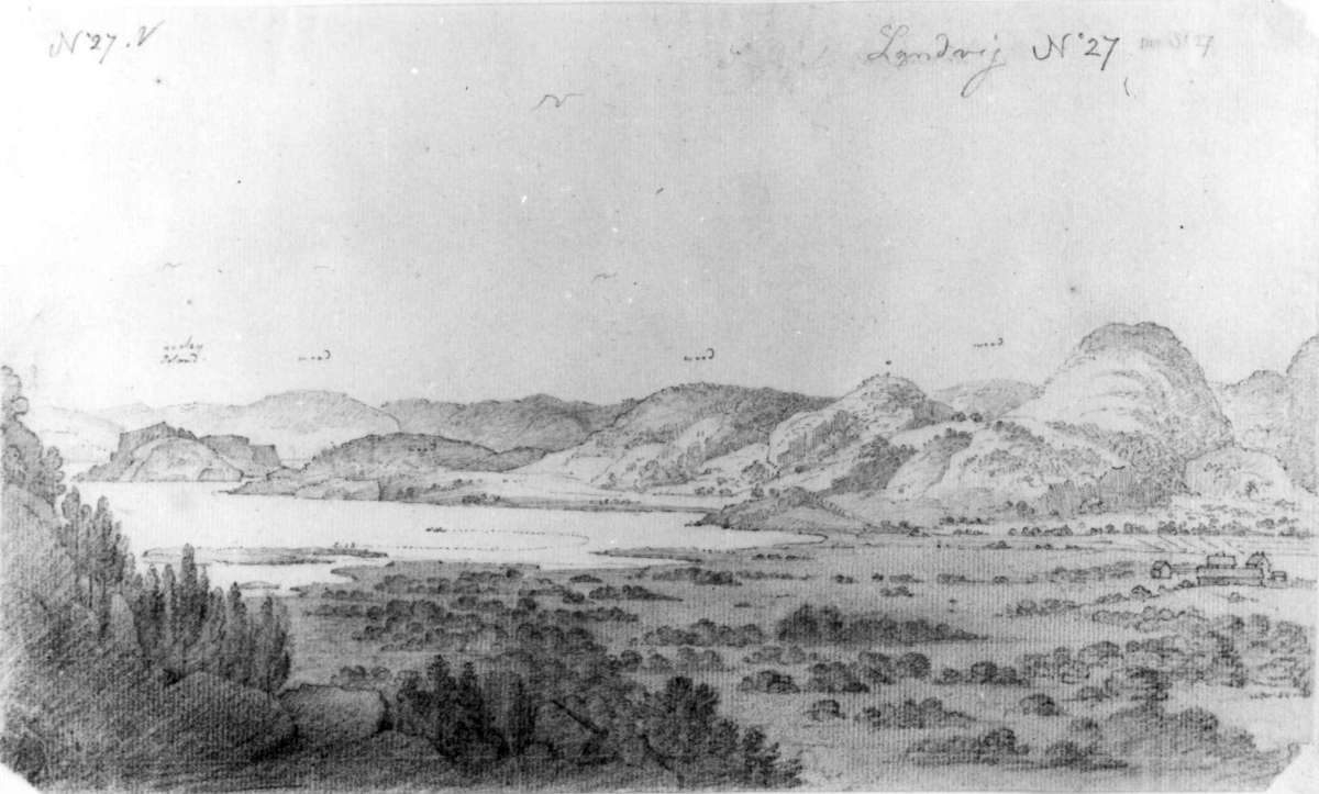 Landvik, Aust-Agder.
Fra skissealbum av John W. Edy, "Drawings Norway 1800".