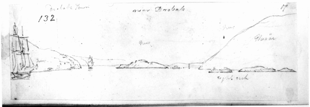 Håøya, Frogn, Akershus. Blyanttegning av John Edy: Drawings  Norway, 1800. "Near Drøbak". Skissealbum utlånt av Deichmanske bibliotek.
