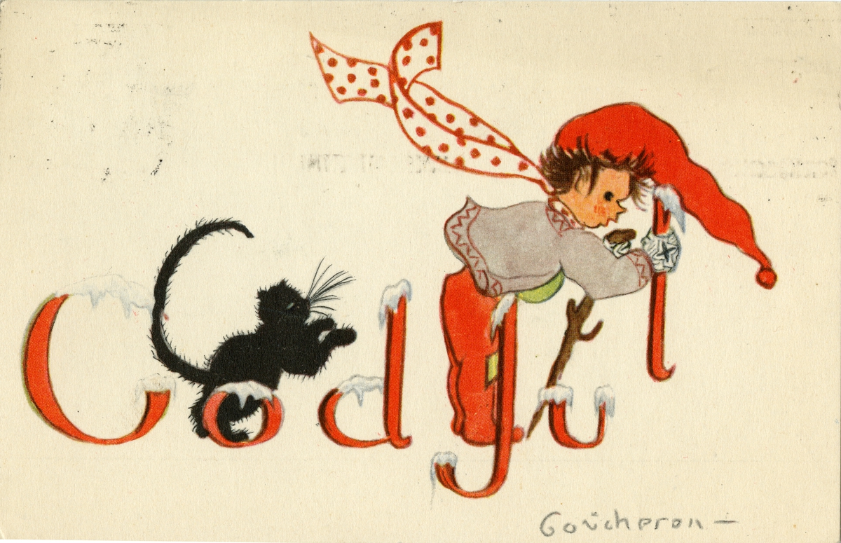 Postkort/julehilsen.Svart katt og gutt med nisselue. Motivet er tegnet av Anne Eline Coucheron. Kortet er poststemplet 22.12 1937.