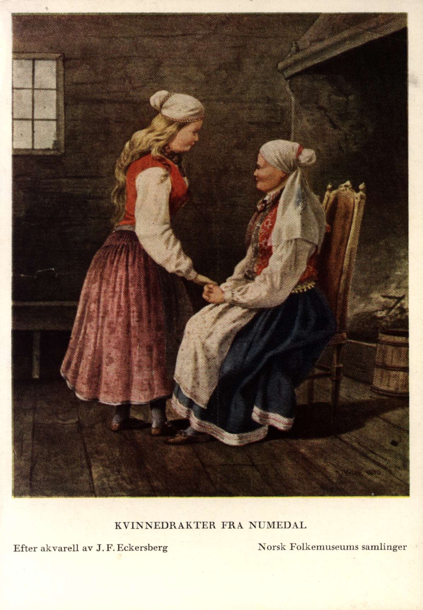 Postkort utgitt av Norsk Folkemuseum. Etter draktakvareller fra  JF Eckersberg. Kvinnedrakter fra Numedal.
