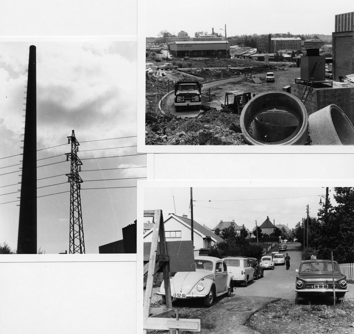 Byggeplass. 
Konstruksjon av J. L. Tiedemanns Tobaksfabrik på Hovin i 1968. Dette er et montasje av tre fotografier som viser byggeplassen og den store pipen på fabrikken men også en gate utenfor fabrikkområdet med parkerte biler og eneboliger.