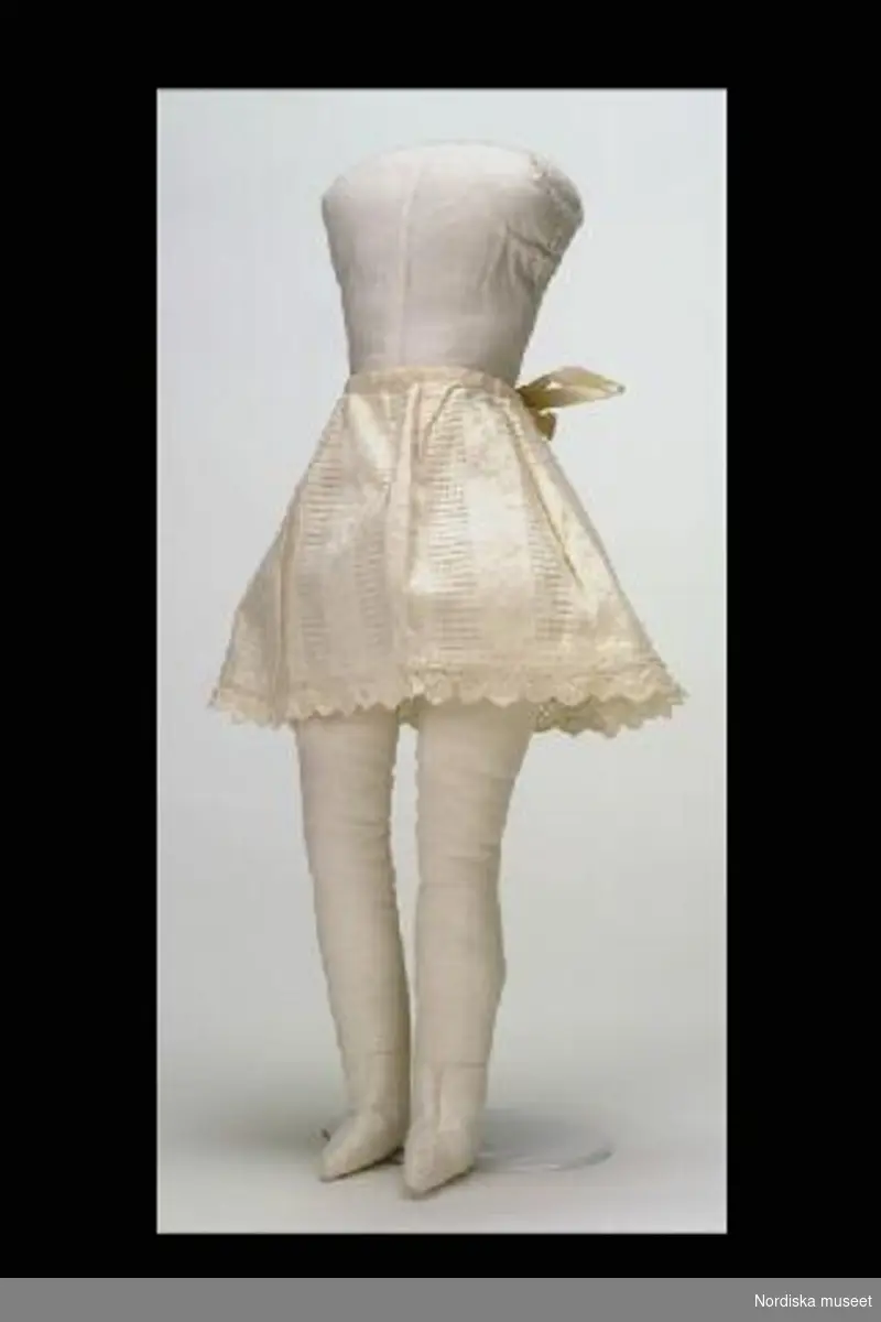 Inventering Sesam 1996-1999:
L  14 cm
Underkjol till docka av vit mönstrat bomullstyg, nedtill spets,  knytband vid midjan.
Tillhör docka inv 246.529.
Birgitta Martinius 1997