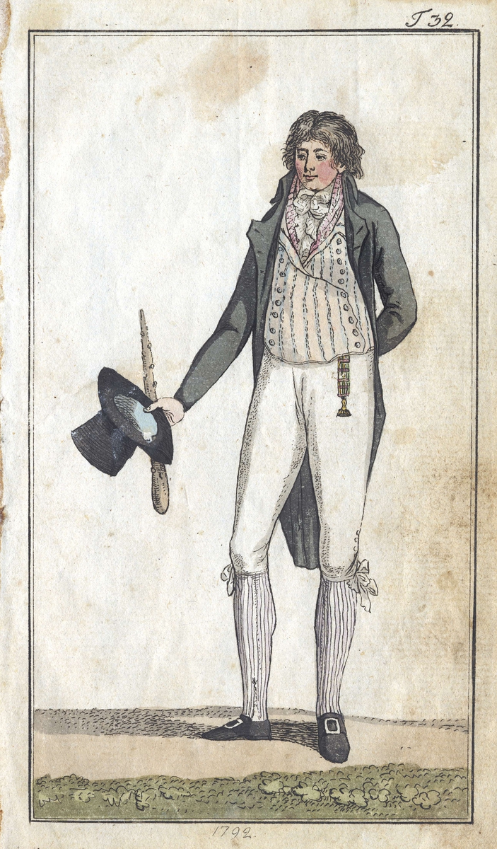 Herrmode. Man i kläder från sent 1700-tal (1792). Färglagd teckning. Baksidestext: "G. af hand. C H Fürst i Stockholm".