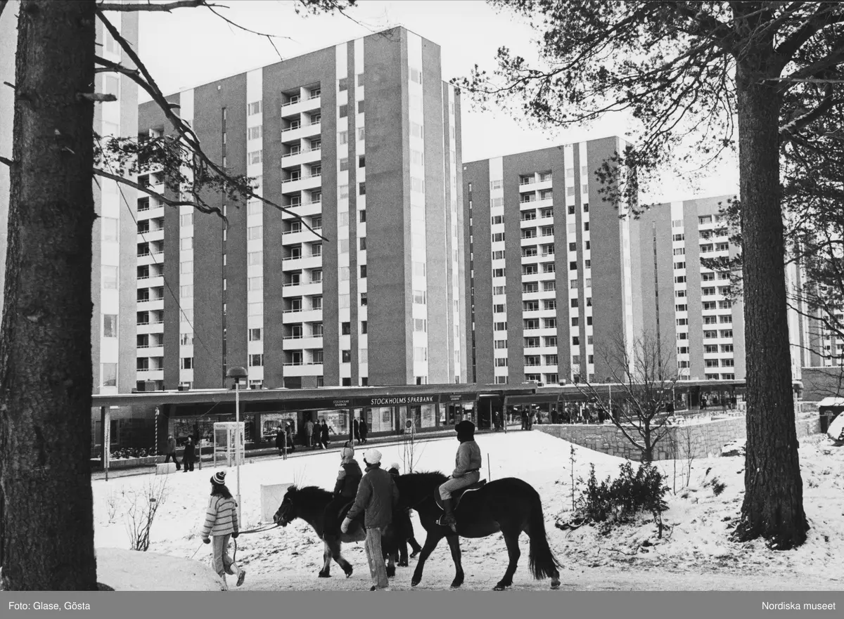 Höghus, i förgrunden två hästar med ryttare och ledsagare.Stockholms ...