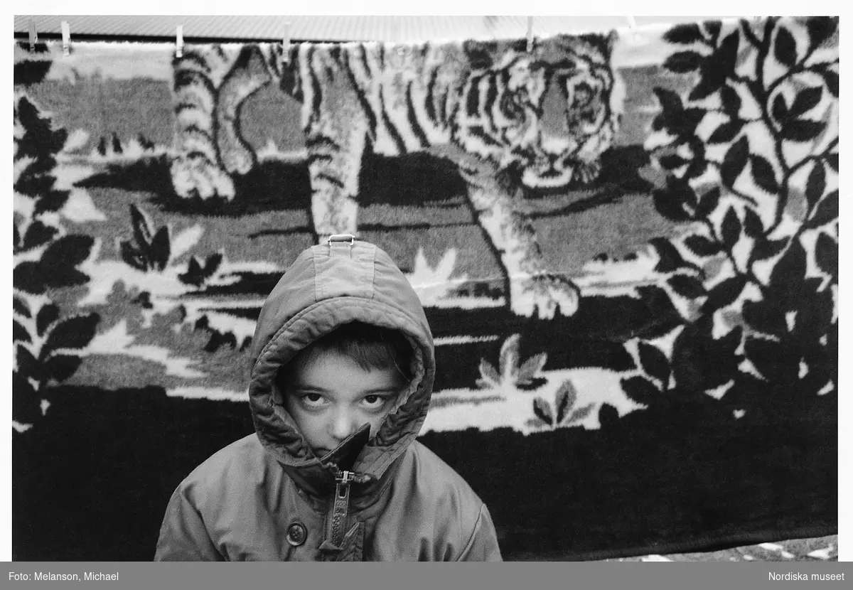 Pojke iförd jacka med kapuschongen uppfälld står framför en matta med motiv föreställande tiger i vegetation. På en flyktingförläggning i Ystad 1993.