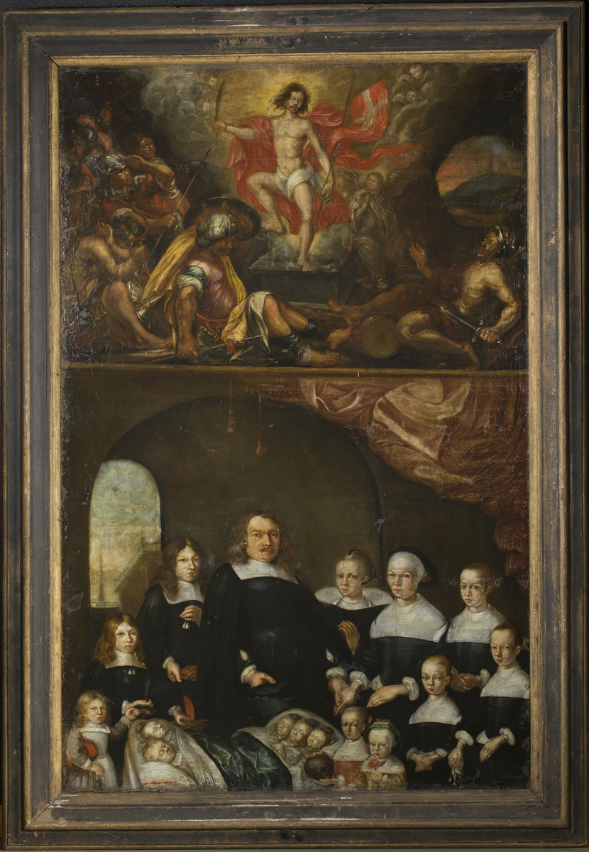 Todelt motiv. Familiportrett i nedre felt. Oppstandelsen i øvre felt.