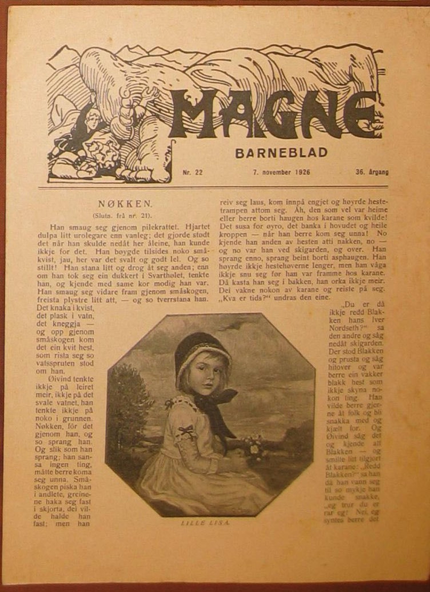 Trekasse m julehefter, div. blad, begravelsessanger.
Magne Barneblad nr. 22, 1926