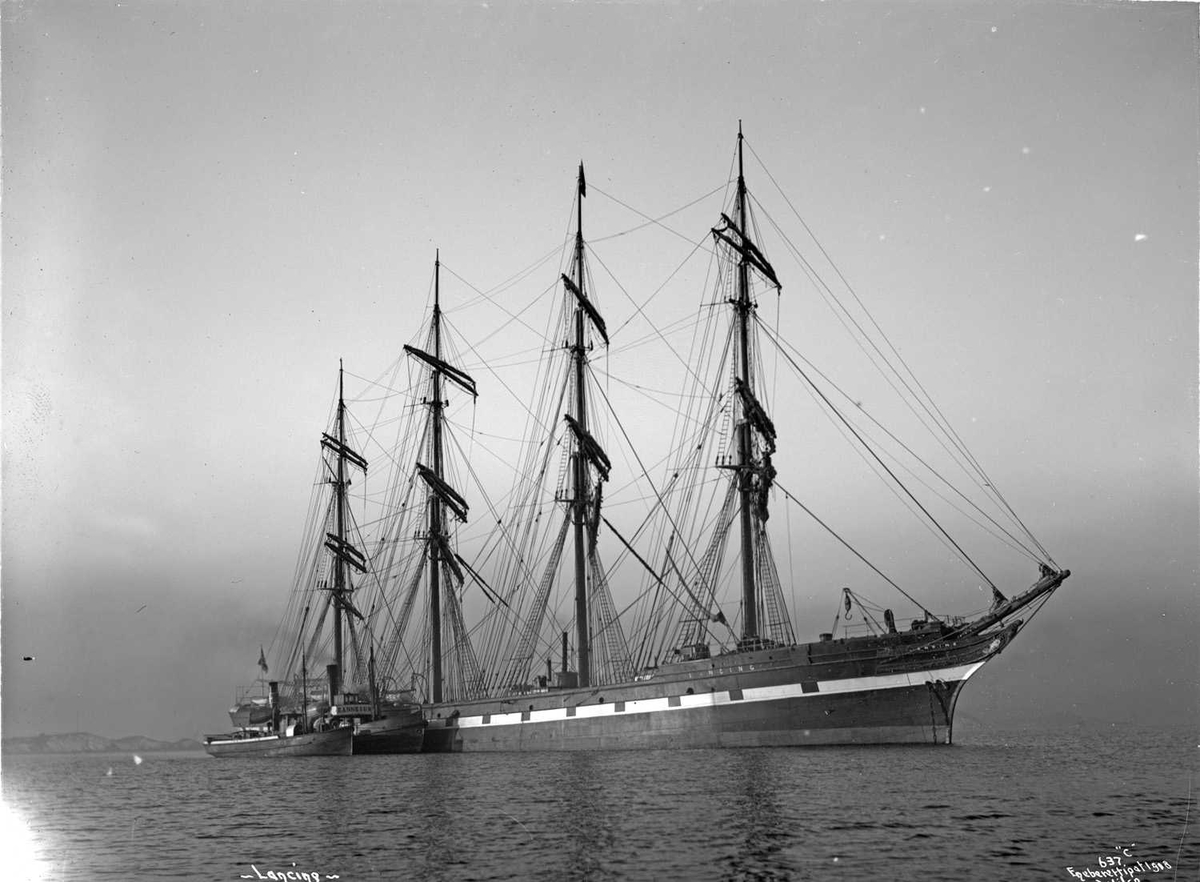 Lancing (b. 1866, R. Napier & Sons, Glasgow), 4-mastet skip, Norges største, 409" lang, 44" bred, 2546 tonns