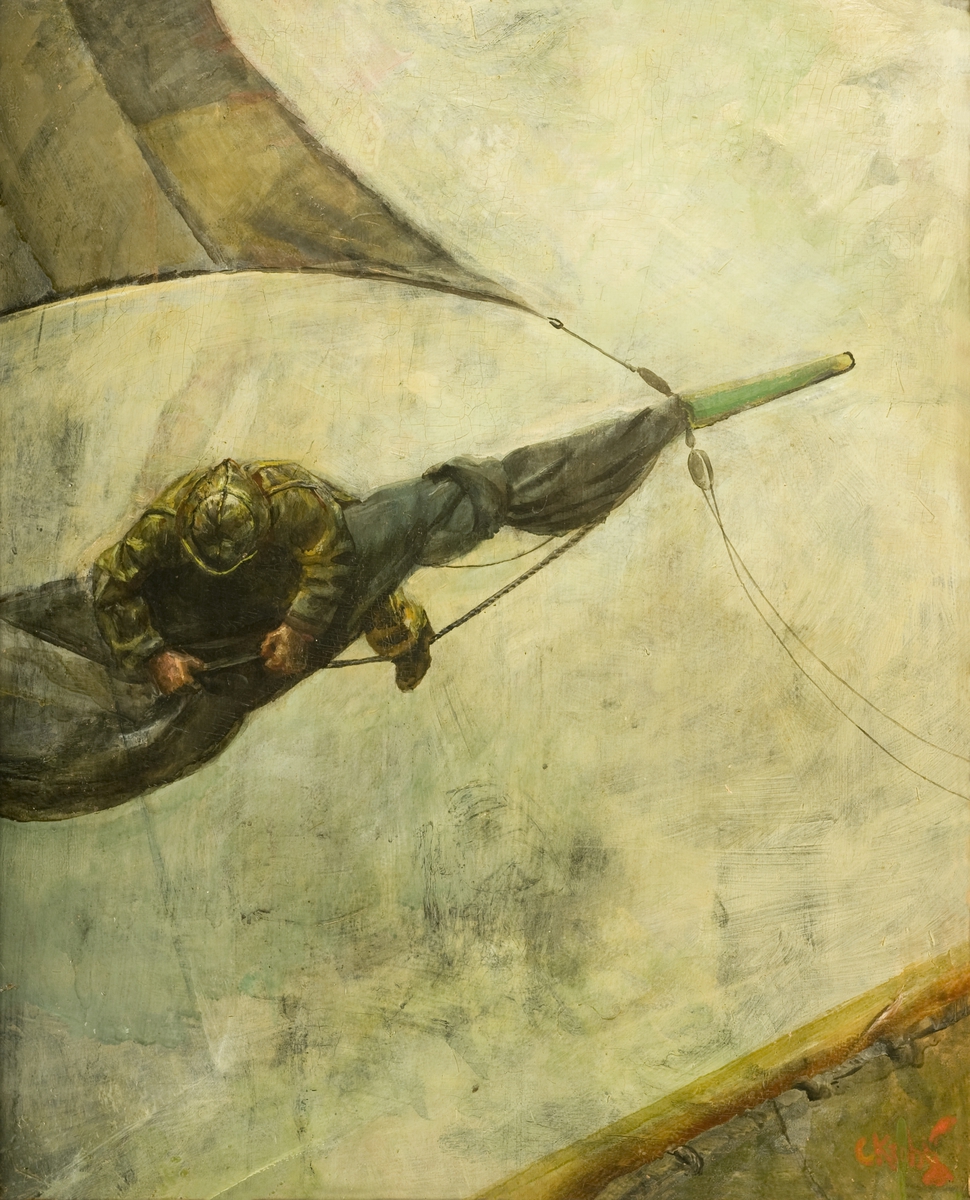 Sjømann i oljehyre som bakser med tunge seil høyt oppe i riggen.