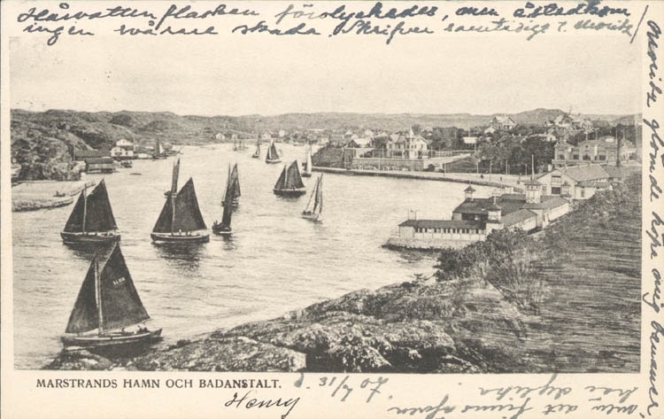 Tryckt text på kortet: "Marstrands Hamn och Badanstalt."