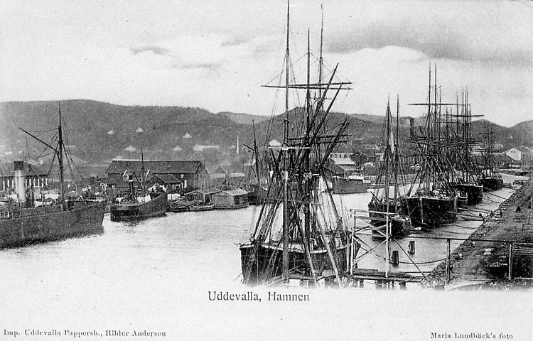 Tryckt text på vykortets framsida: "Uddevalla Hamnen".