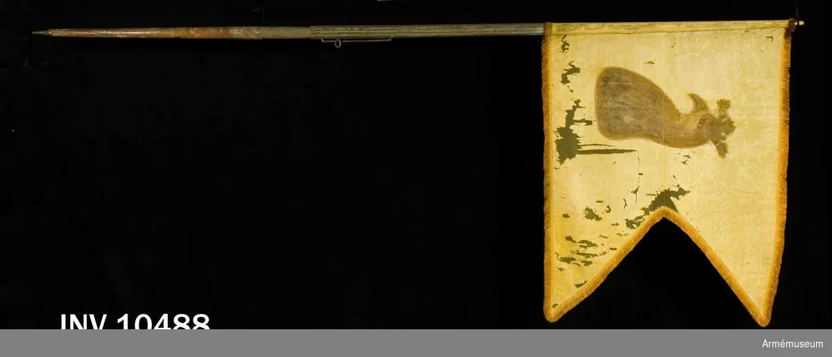 Grupp B.

Duk av brandgul damast, varå är målat, omvänt lika å båda sidor ett griphuvud i brunt, krönt av en öppen krona i silver. Runt kanten löper en 45 mm bred frans av gult (?) och rostbrunt silke; duken är fäst vid stången med gult sidenband och förgyllda mässingspikar.Stång av furu, niosidig med tre refflor och tre förstärkande  skenor ovan greppet, nedtill avsågad, i senare tider blåmålad, stången är försedd med en 80 mm hög konisk klack av järn samt  med löpande bärring. Stång 2750 mm, till greppet 460 mm, greppet 190 mm, till duken 1040 mm. Diameter upptill 32 mm, nedom duken 50 mm, ovan greppet 62 mm i greppet 55 mm. Spets av  förgylld mässing, bladet snedböjt.