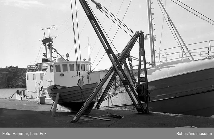 Långafiskebåten "Shetland" i Mollösunds hamn i oktober 1978. En julle står på kajen