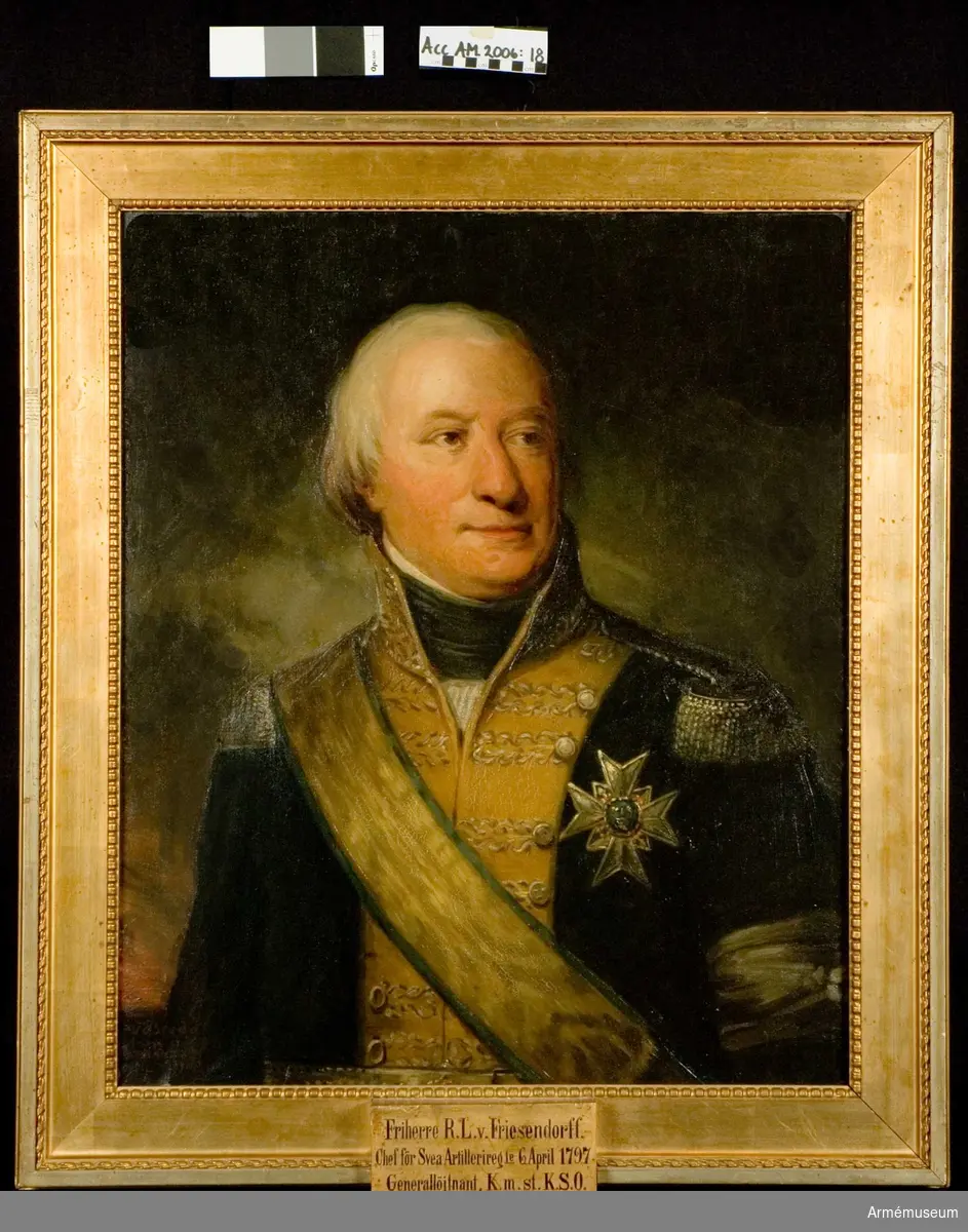 Porträtt, A L von Friesendorff, regementschef A1 1797-04-06

Adolf Ludvig von Friesendorff (1746-1810) var överste och chef för Jönköpings regemente 1790-1797, chef för Svea artilleriregemente 1797, sekundchef för Svea livgarde 1797-1802, blev generalmajor 1799, chef för Kalmar regemente 1802-1805 och chef för Västmanlands regemente 1804-1810 samt generallöjtnant 1809. Han är här avbildad som sekundchef vid Svea livgarde i 1802 års uniform. 2016-05-06 MM.