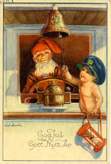 Kort: "God Jul och Gott Nytt År". Barn ombord på båt som ringer in det nya året med en tomte vid ratten.