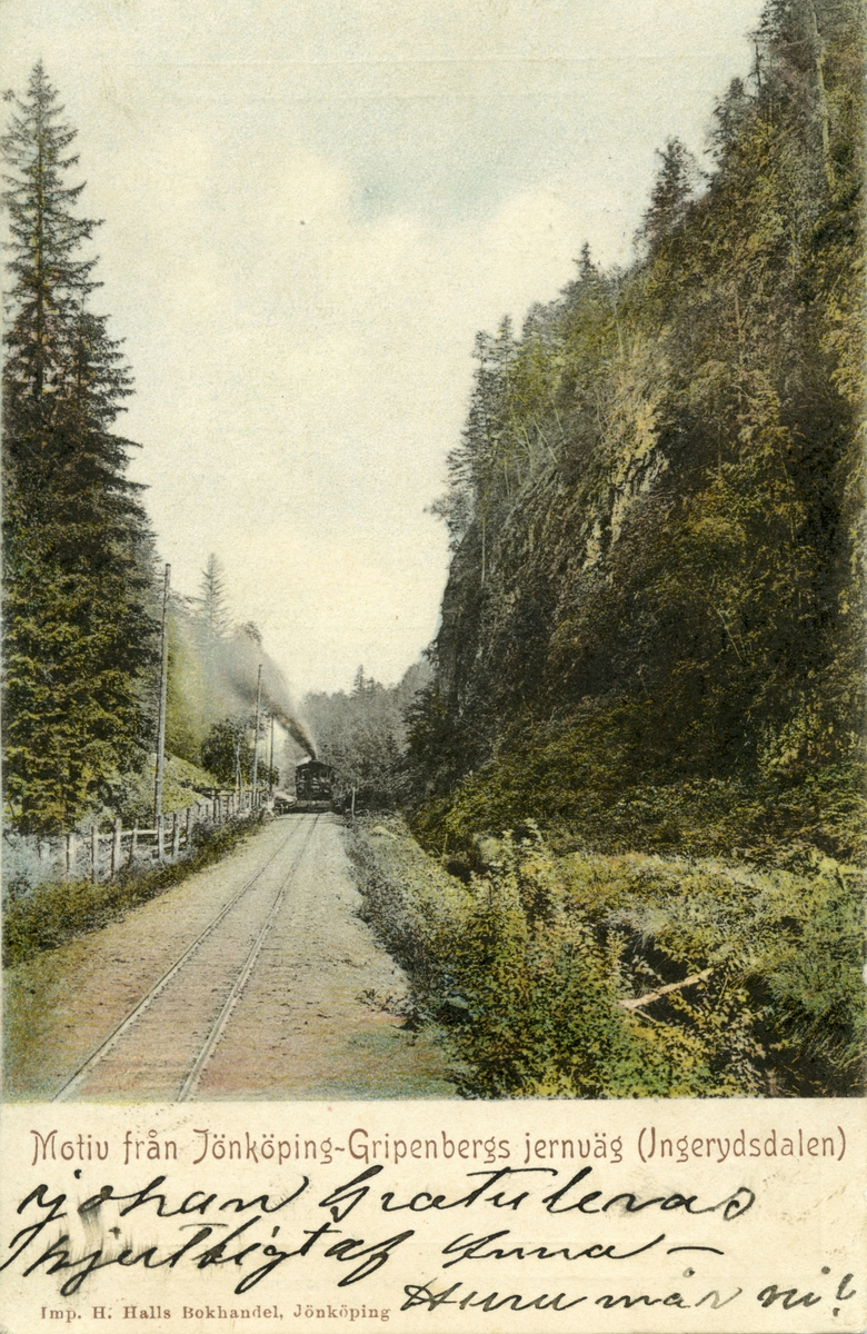 Motiv från Jönköping-Gripenbergs järnväg, Ingerydsdalen. Vykort skrivet 1903-06-23.