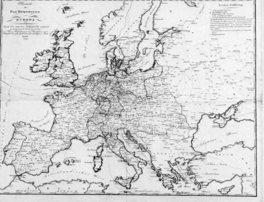 Karta över Europas huvudpostvägar 1829 utförd av Franz Raffelsperger, posttjänsteman i Wien.