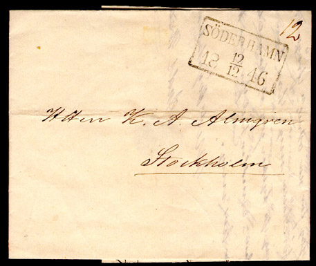 Text: Brev från Söderhamn den 12 december 1846 till Stockholm

Albumblad innehållande 1 monterat förfilatelistiskt brev