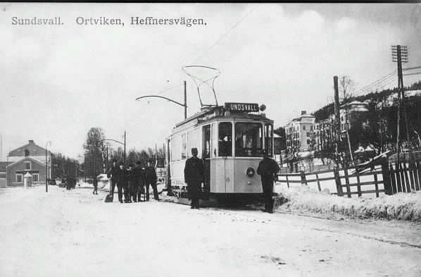 Spårvagn på Heffnersvägen 1913. Vykort.