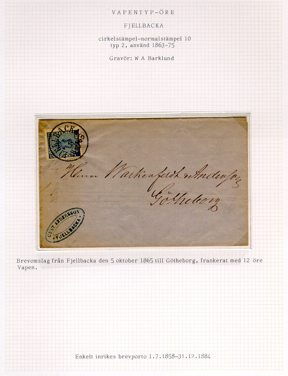 Albumblad innehållande 1 monterat brev

Text: Brevomslag från Fjellbacka den 5 oktober 1865 till Göteborg,
frankerat med 12 öre Vapen.

Stämpeltyp: Normalstämpel 10, typ 2
