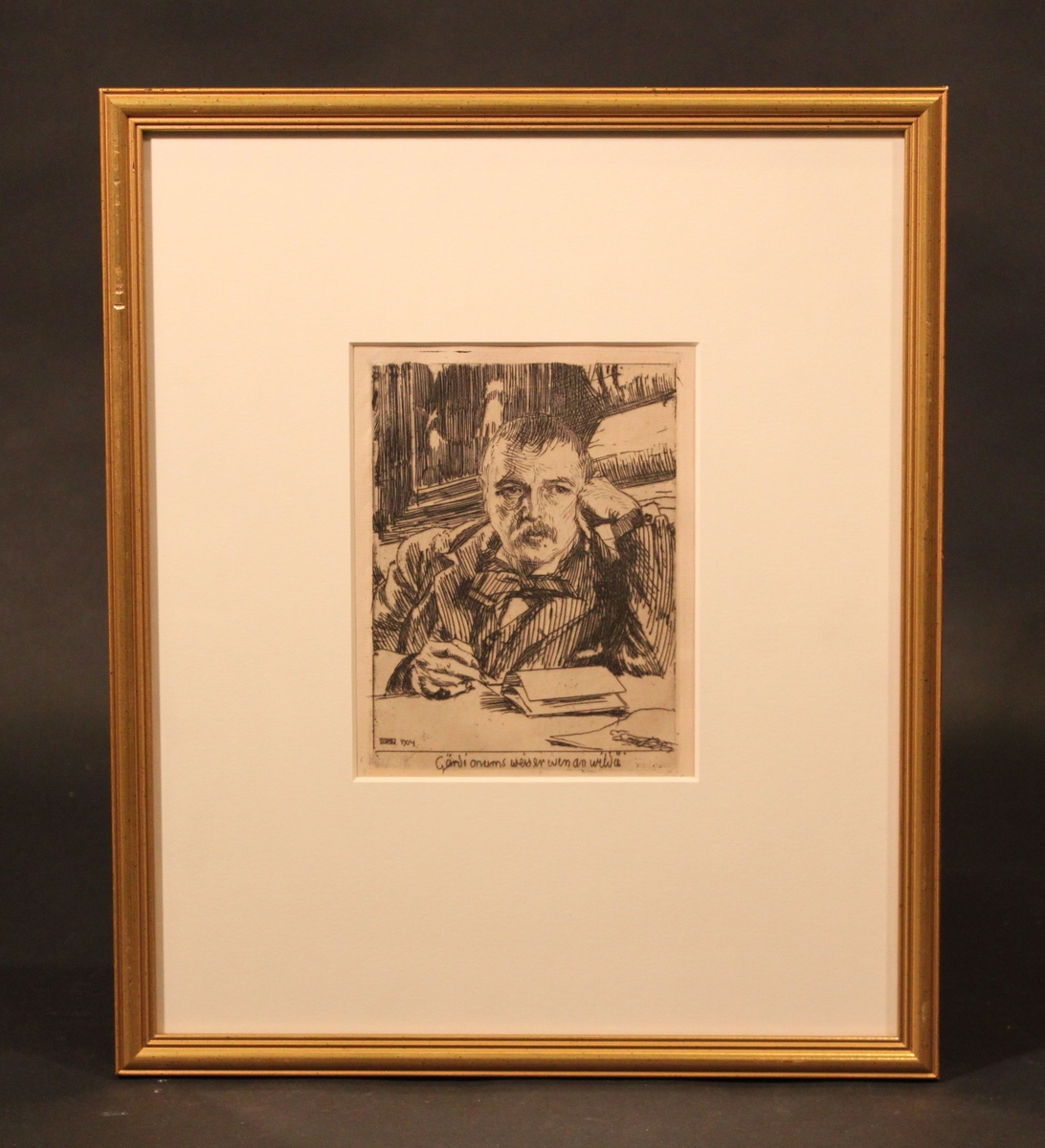 Etsning, självporträtt av Anders Zorn. Bröstbild Zorn vilar huvudet mot vänster hand och håller en penna i höger. 
