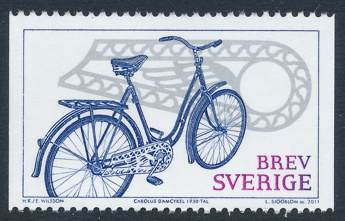Frimärket föreställer en Carolus damcykel 1930-tal.