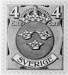 Frimärksförlaga till frimärket Lilla Riksvapnet vm krona, utgivet 1910- 1911. Valör 4 öre.