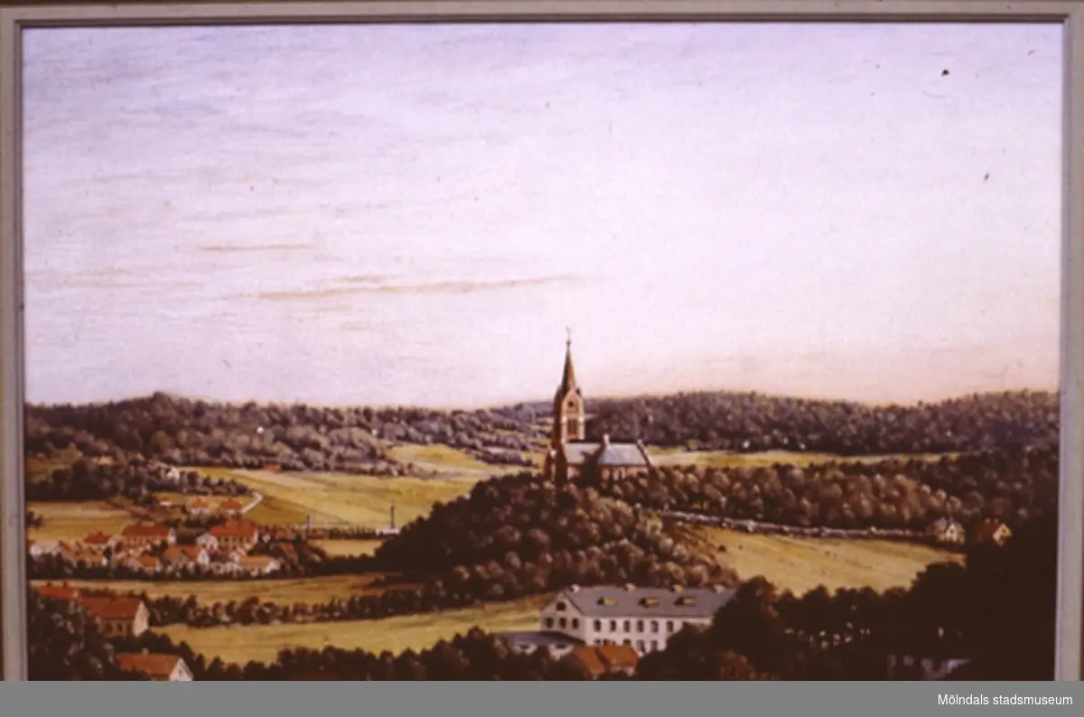 Landskapsvy över Mölndal.
En tavla målad av den naivistiske mölndalskonstnären Knut Berg.