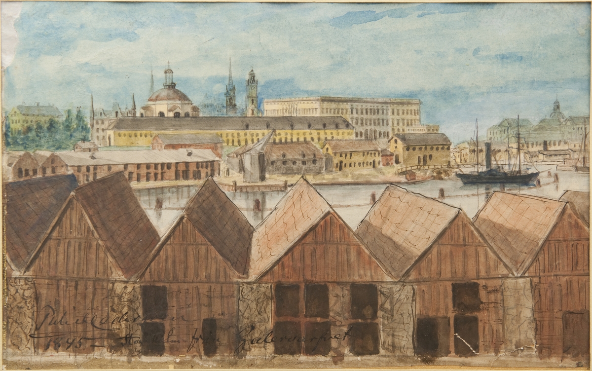 Akvarell föreställande Skeppsholmsvarvet sett från Galärvarvssidan. I bakgrunden Kungliga Slottet, Skeppsholmskyrkan mm.  I förgrunden bak- och nordsidan av galärskjulen å Galärvarvet.