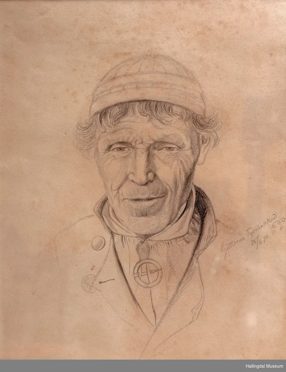 Portrett av Guttorm Tyribakken med kollelue, skjorte med halsring og gjenknappet vest med ståkrage og slag.