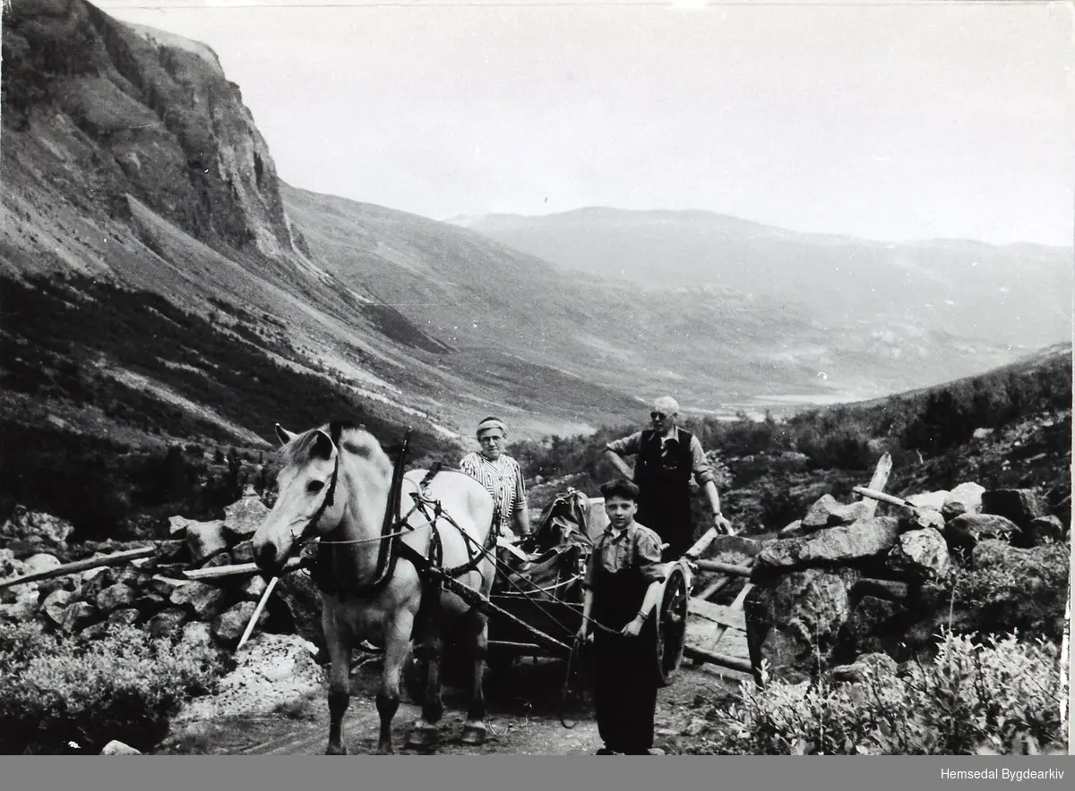 Erik Hulbak køyrer turistar. Her er dei komne til Munnen i Nord-Hydalen i Hemsedal. ca. 1940.