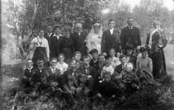 Gruppeportrett, tatt utendørs. Brudepar i midten.