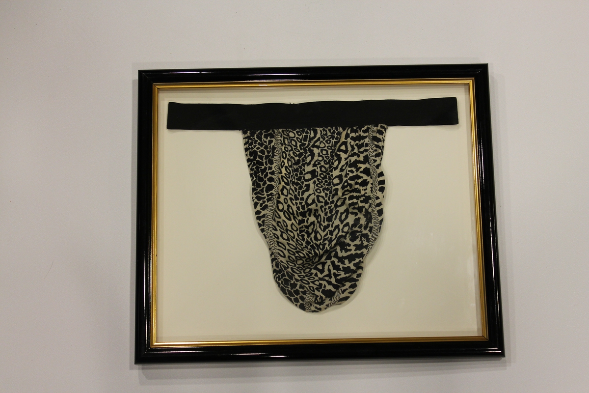 Leopardmønstret tangatruse med sort strikk. Innrammet (38 x 32 cm ramme)