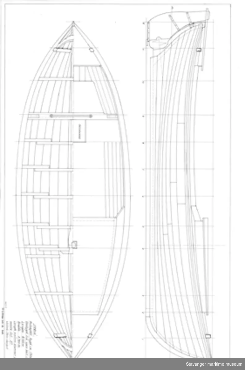 Oppmålingstegning av bruksbåt på folie, tegnet med penn. Profil og plan.