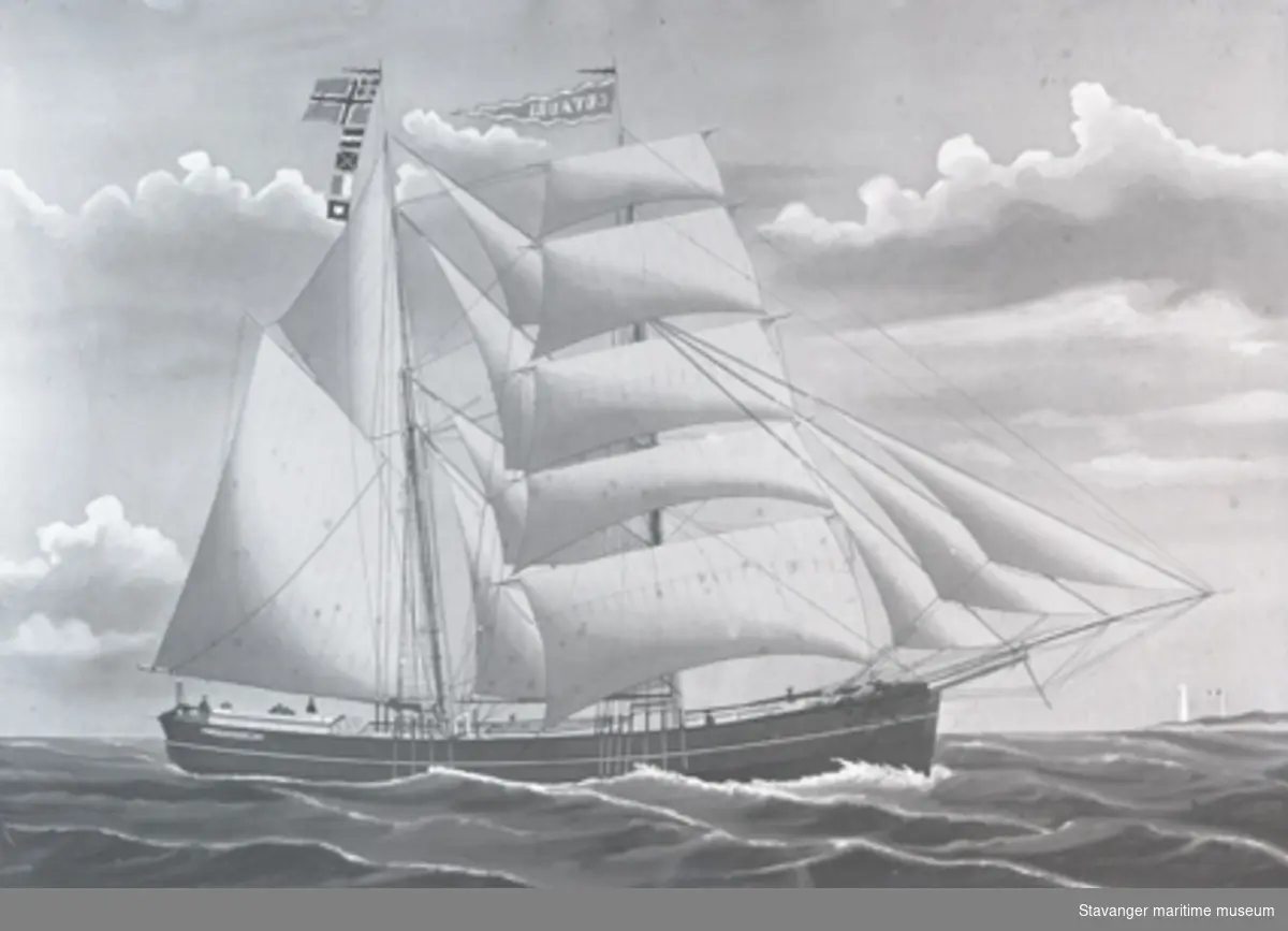 Avfotografert skipsportrett av skonnertbrigg "Cetauri" Capt. A.M.Sivertsen.