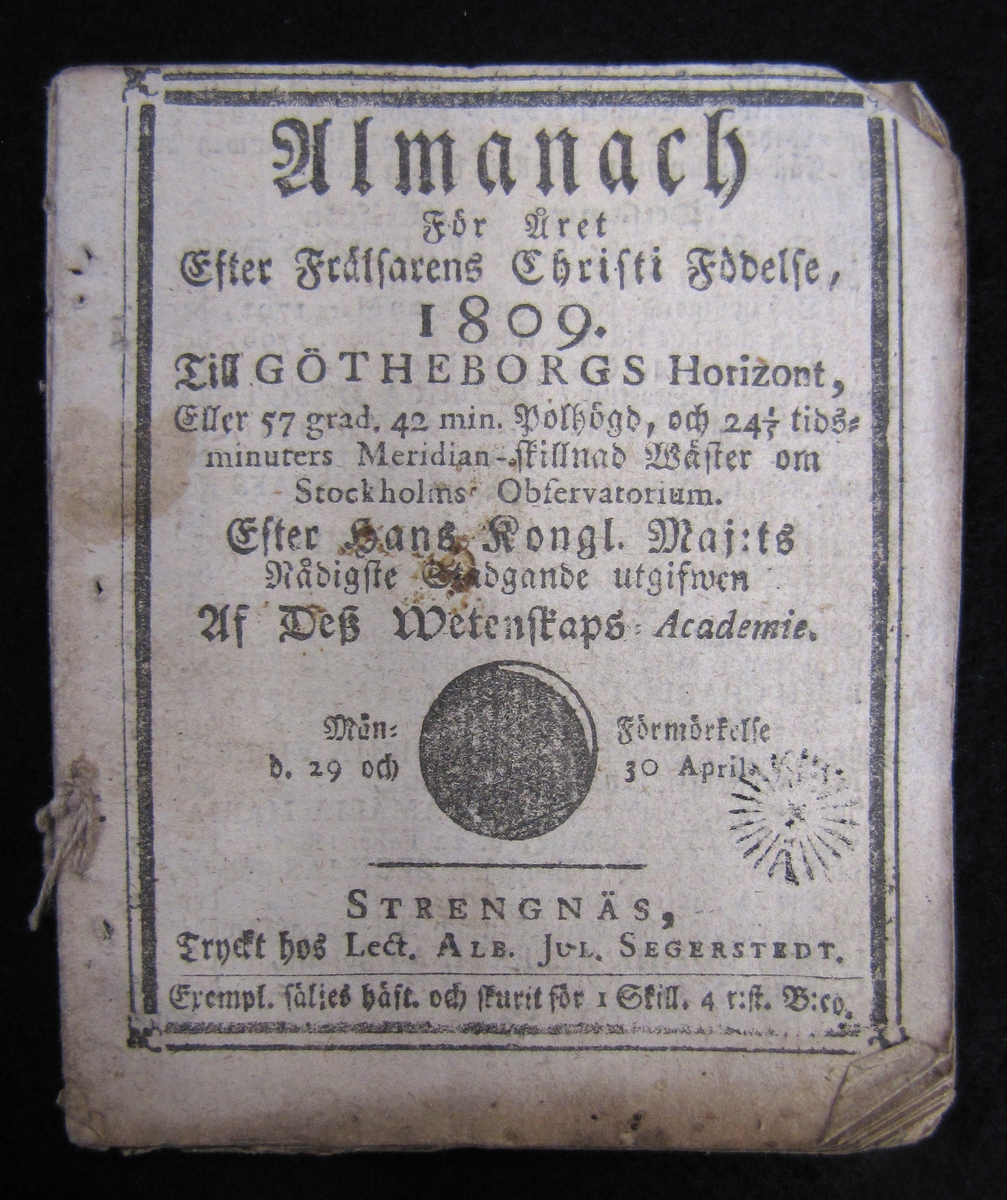 Almanacka från 1809 mot Göteborgs horisont.