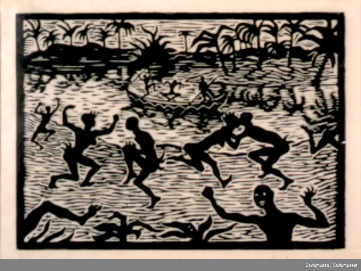 Scene med dansende mennesker i et tropisk landskap med en elv med en elvebåt på og palmer.