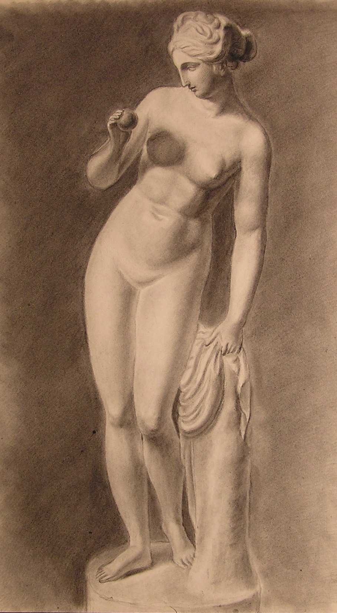 Statuett:Naken kvinne med  kule i handa (eple?) som  støtter seg til søyle. Venus? Helena?