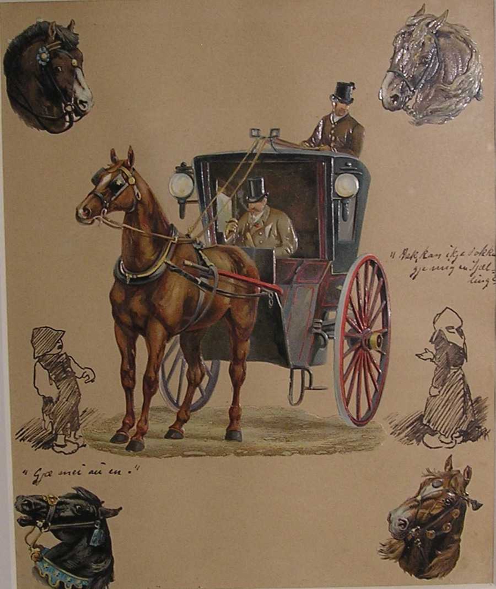 Hest og vogn med kusk. Mann med flosshatt som røyker sigar i glansbilde. Kittelsen har tegnet 2 fattigunger som tigger. 