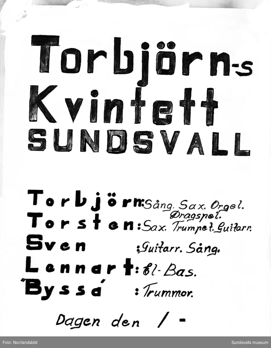 Reproduktion av affisch, Torbjörns kvintett från Sundsvall.